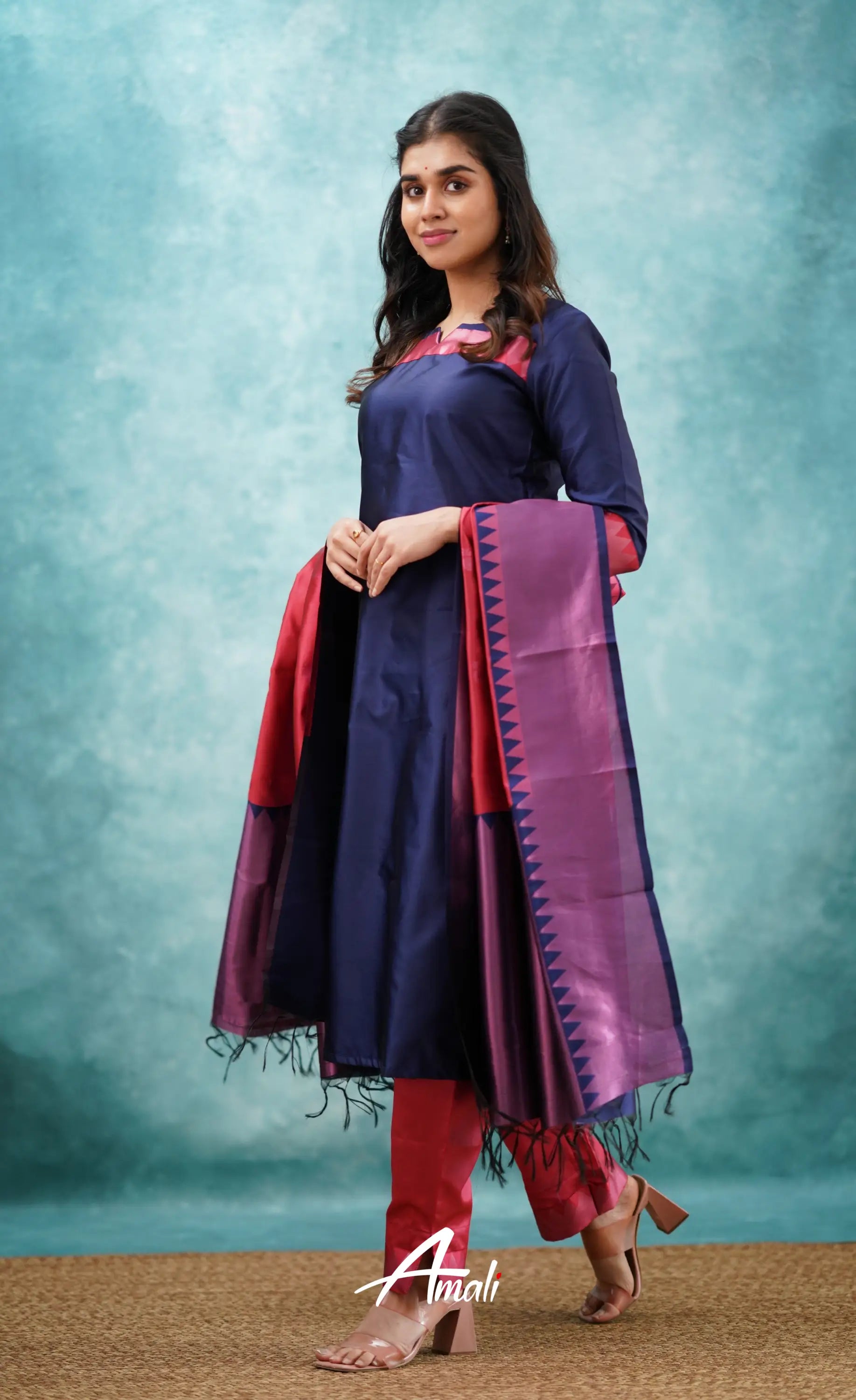 Aditi - Dark Blue And Red Semi Kanchipuram Silk Salwar Salwar