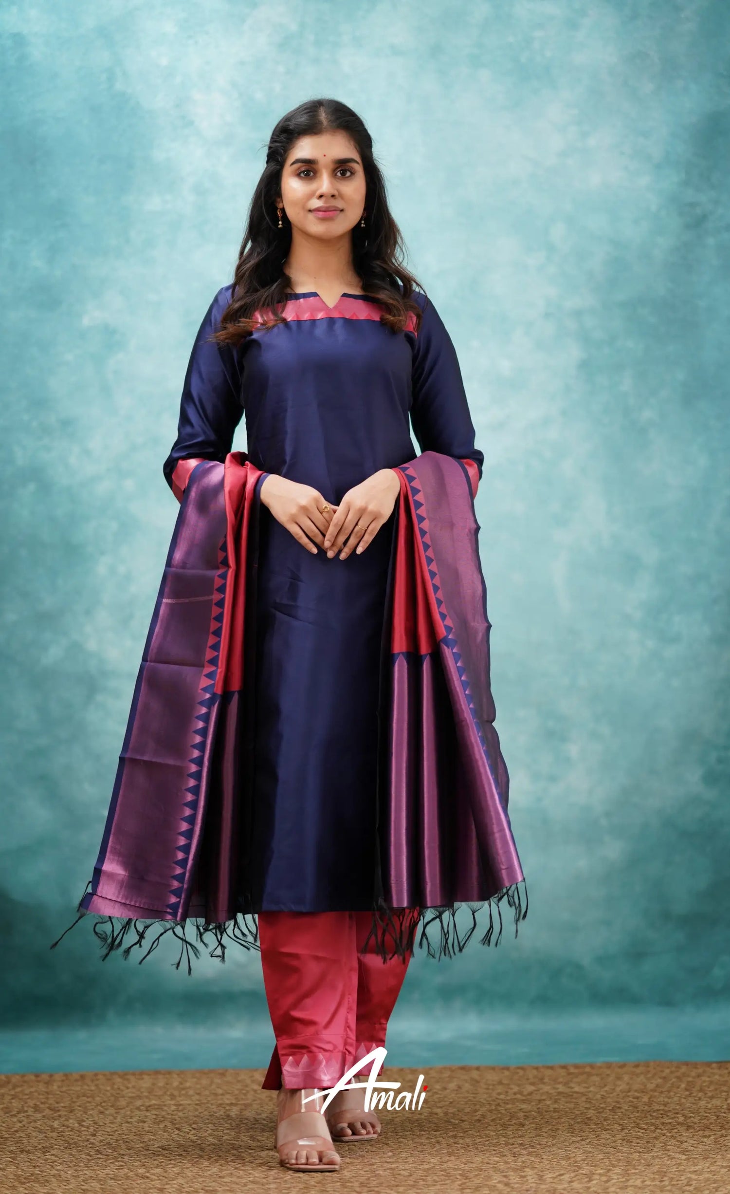 Aditi - Dark Blue And Red Semi Kanchipuram Silk Salwar Salwar