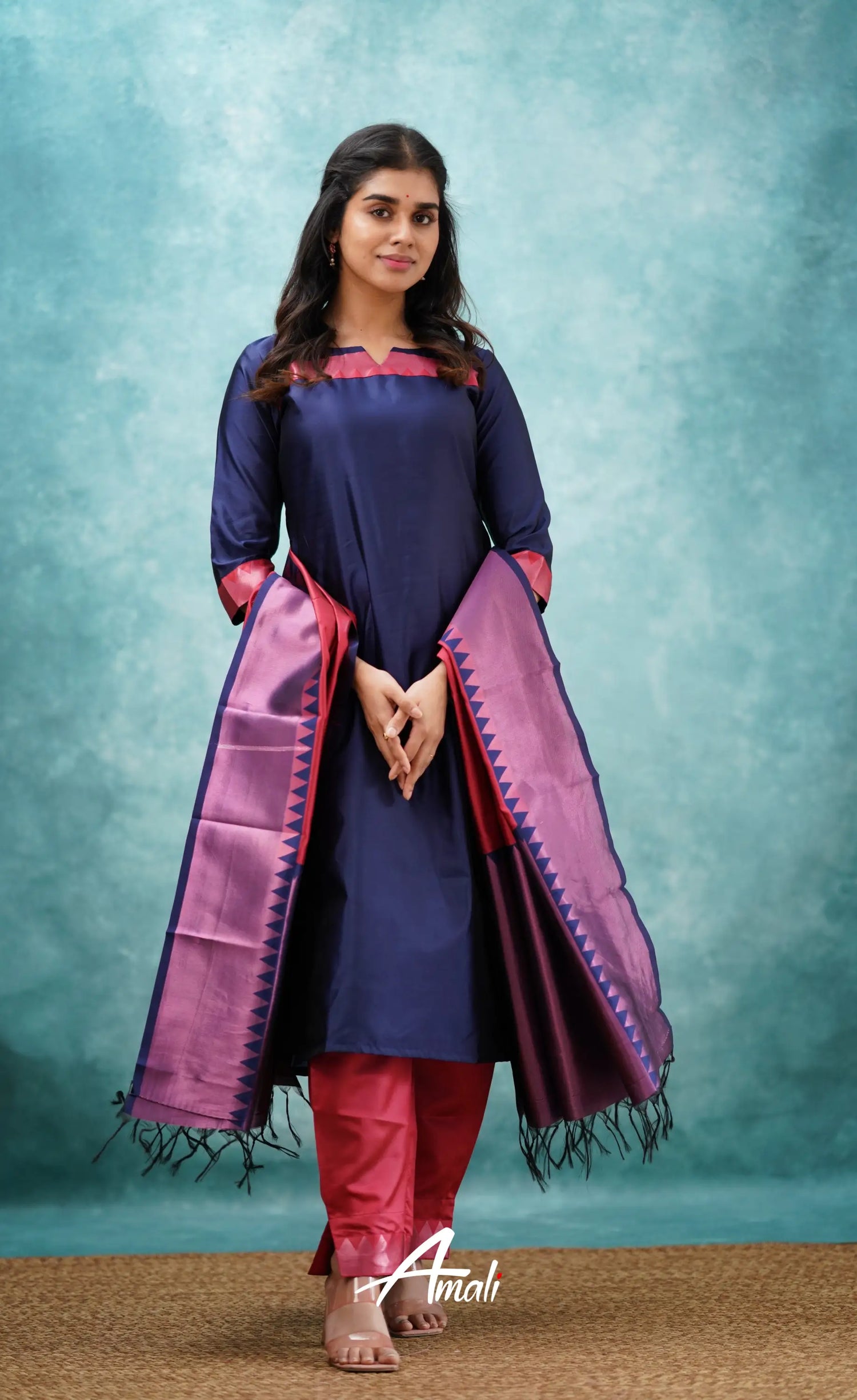 Sanvi - Dark Blue And Red Semi Kanchipuram Silk Salwar Salwar