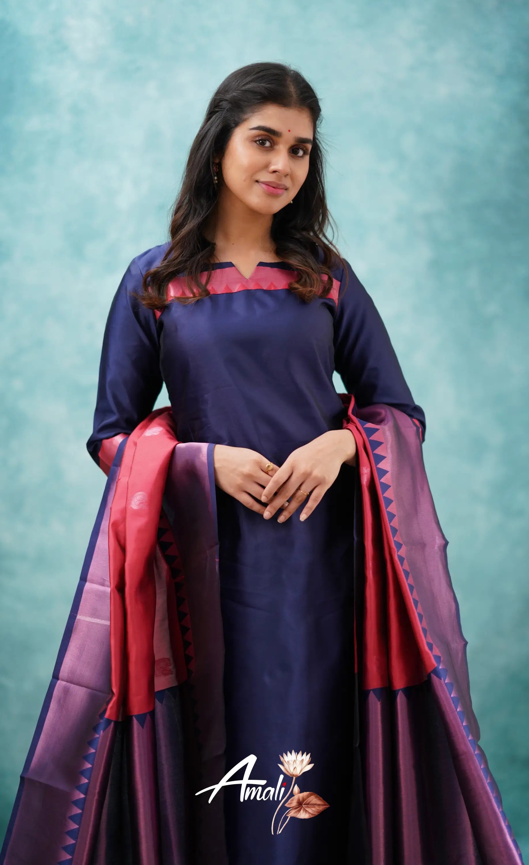 Aditi - Dark Blue And Red Semi Kanchipuram Silk Salwar Salwar