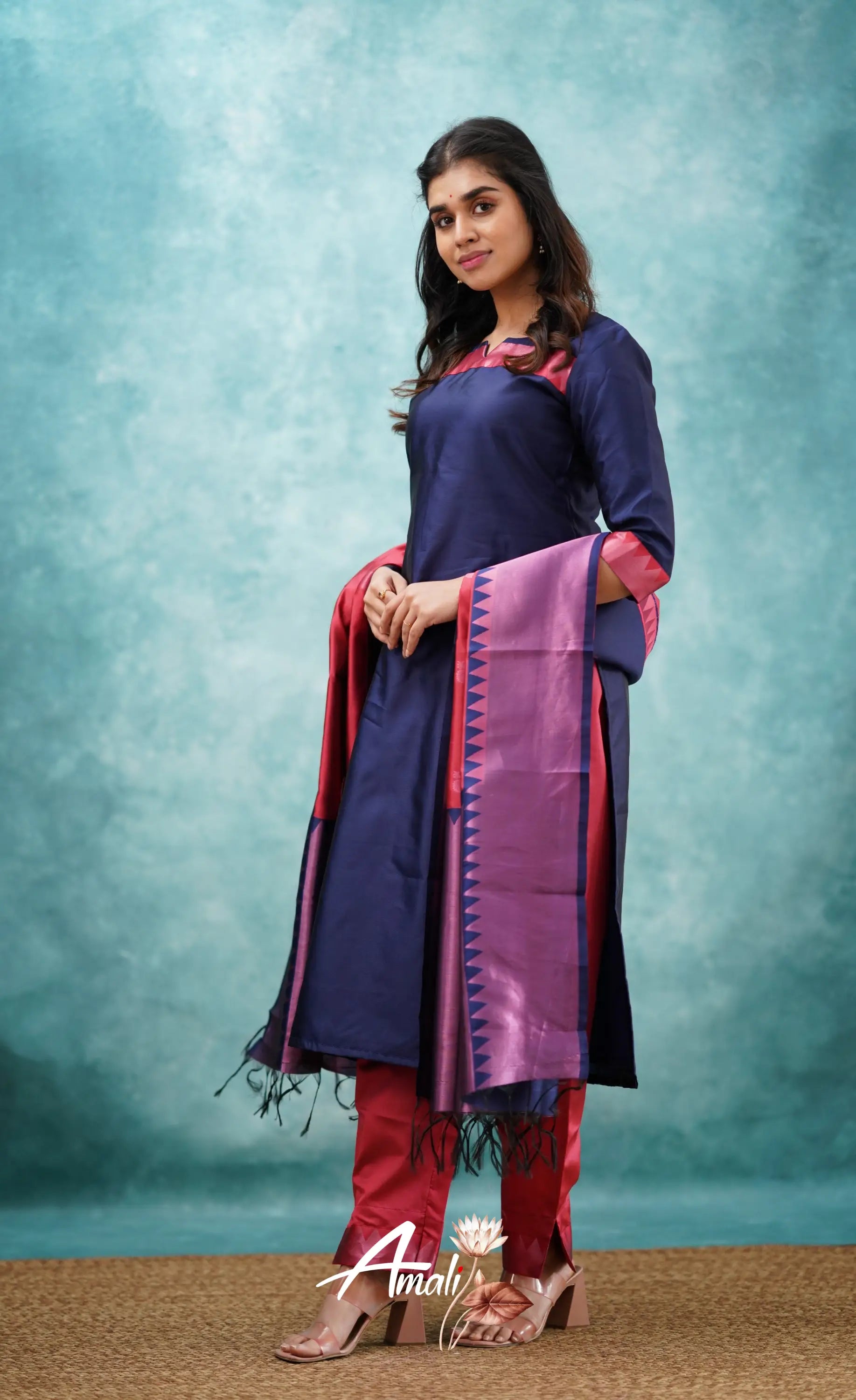 Aditi - Dark Blue And Red Semi Kanchipuram Silk Salwar Salwar