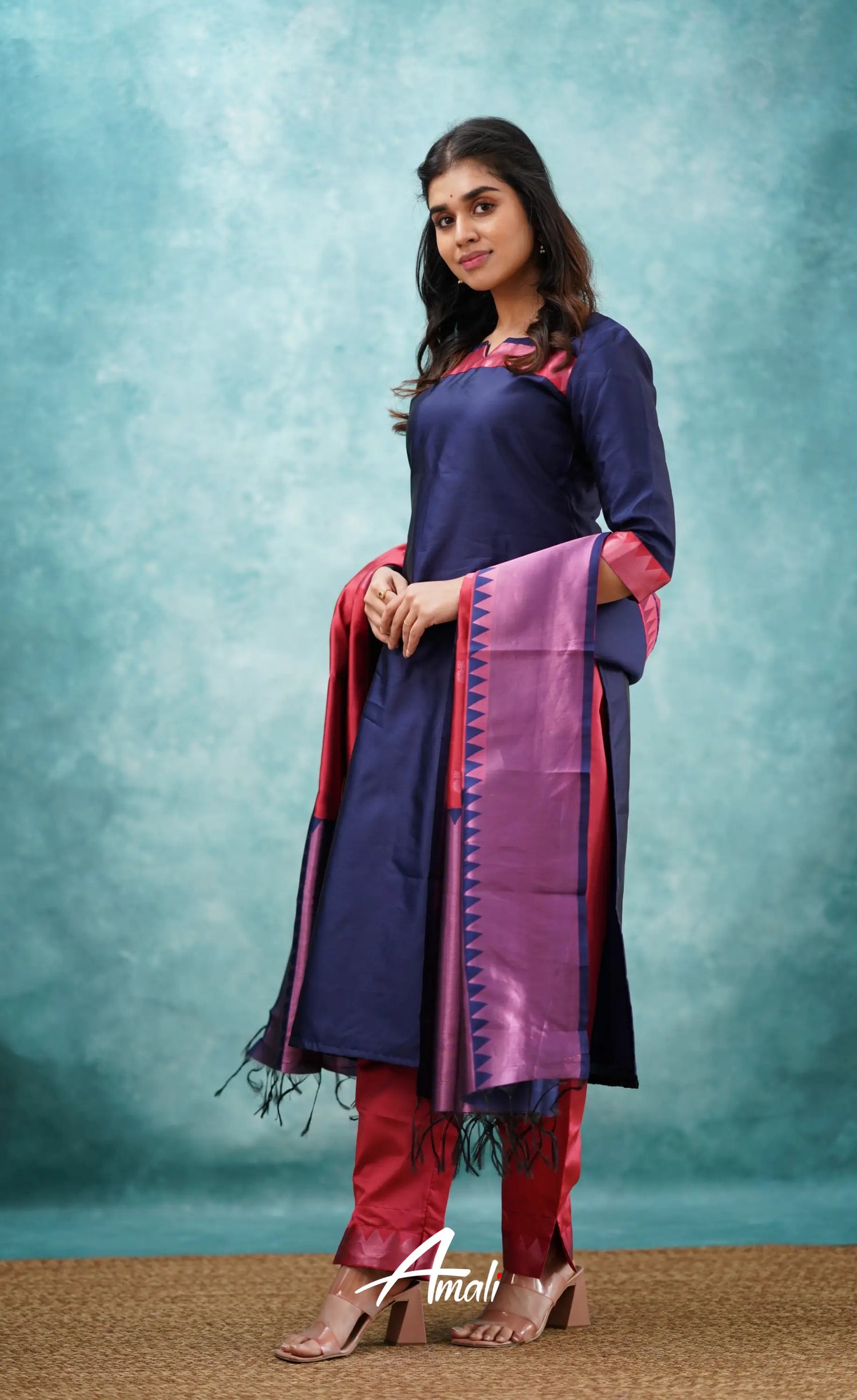 Sanvi - Dark Blue And Red Semi Kanchipuram Silk Salwar Salwar