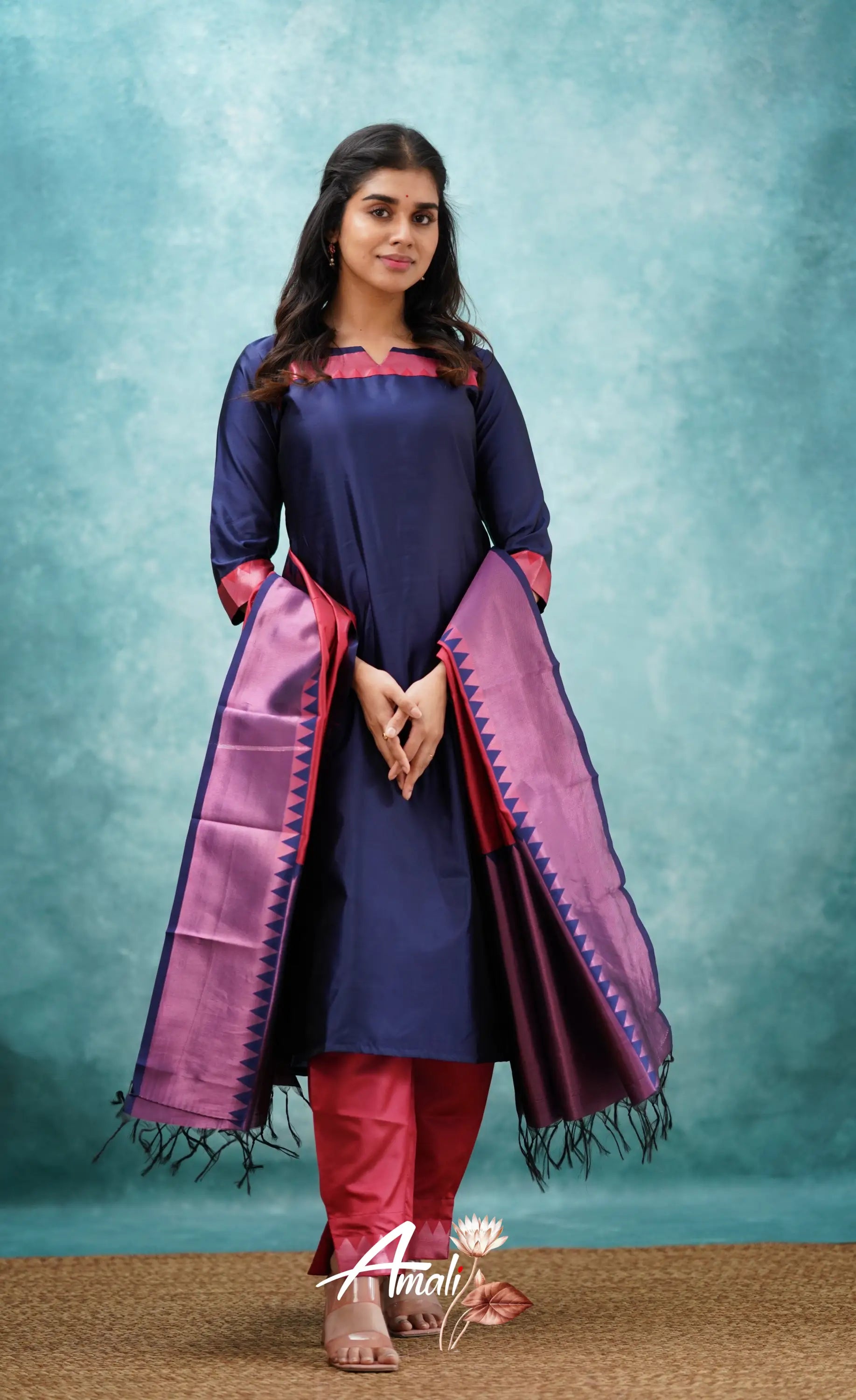 Aditi - Dark Blue And Red Semi Kanchipuram Silk Salwar Salwar