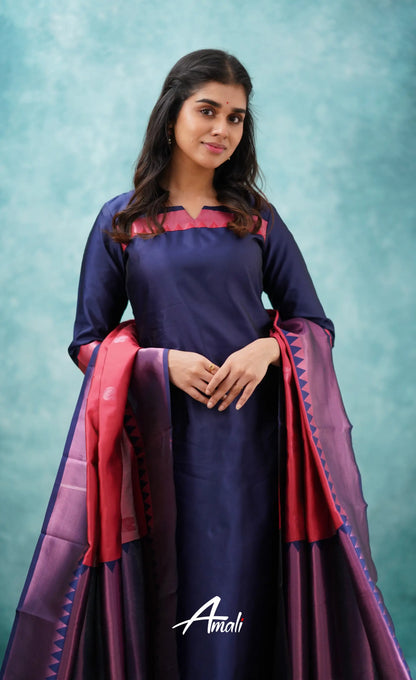 Aditi - Dark Blue And Red Semi Kanchipuram Silk Salwar Salwar