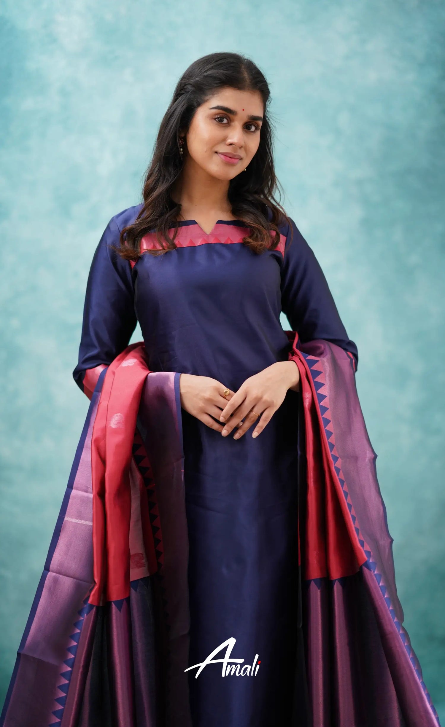 Sanvi - Dark Blue And Red Semi Kanchipuram Silk Salwar Salwar