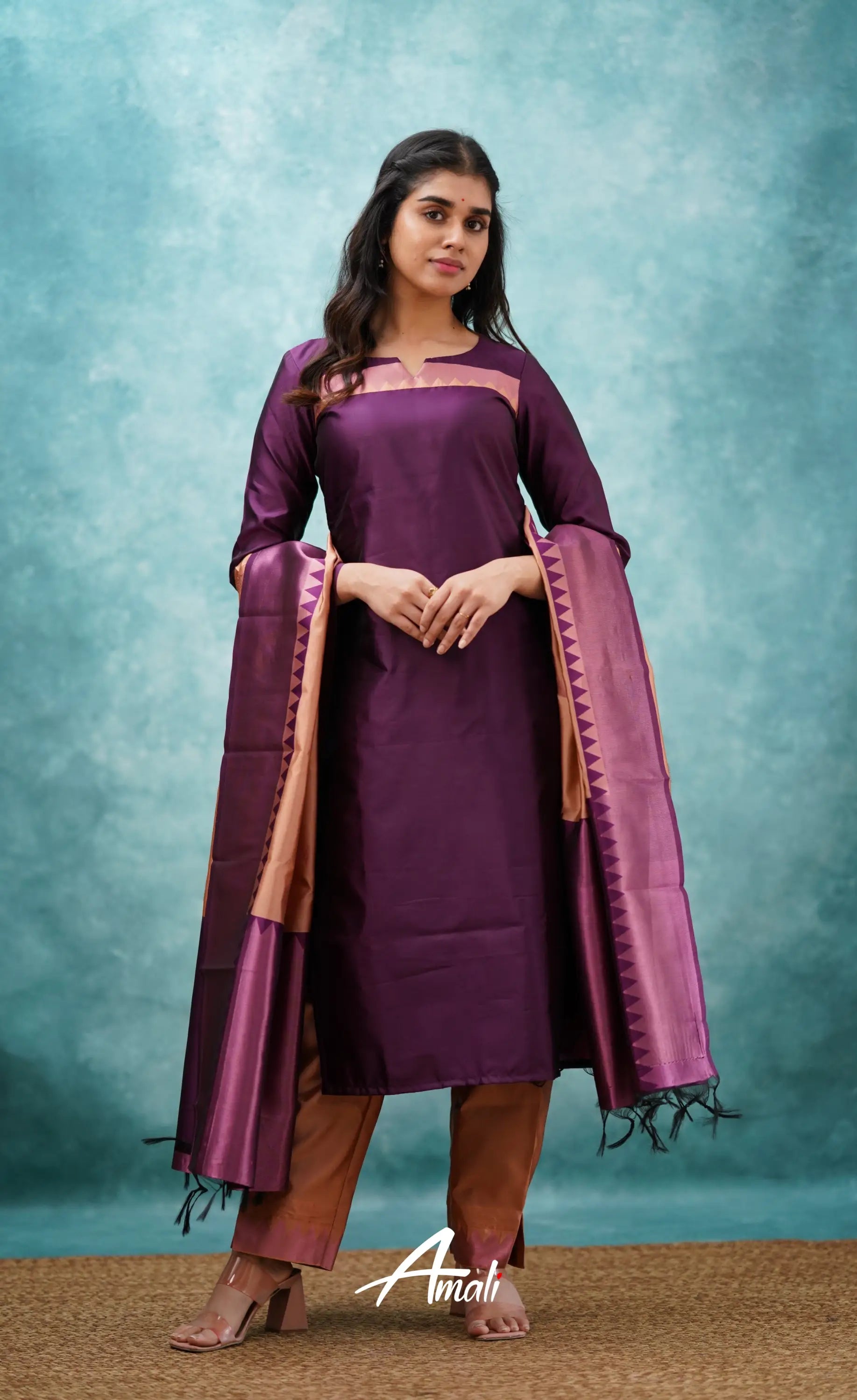 Aditi - Purplish Magenta And Copper Semi Kanchipuram Silk Salwar Salwar