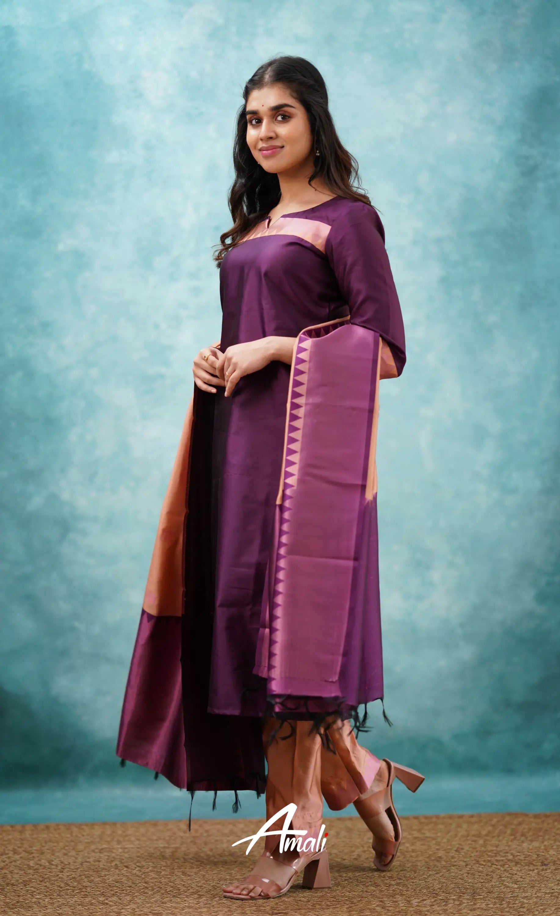 Aditi - Purplish Magenta And Copper Semi Kanchipuram Silk Salwar Salwar