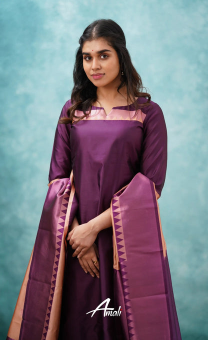 Aditi - Purplish Magenta And Copper Semi Kanchipuram Silk Salwar Salwar