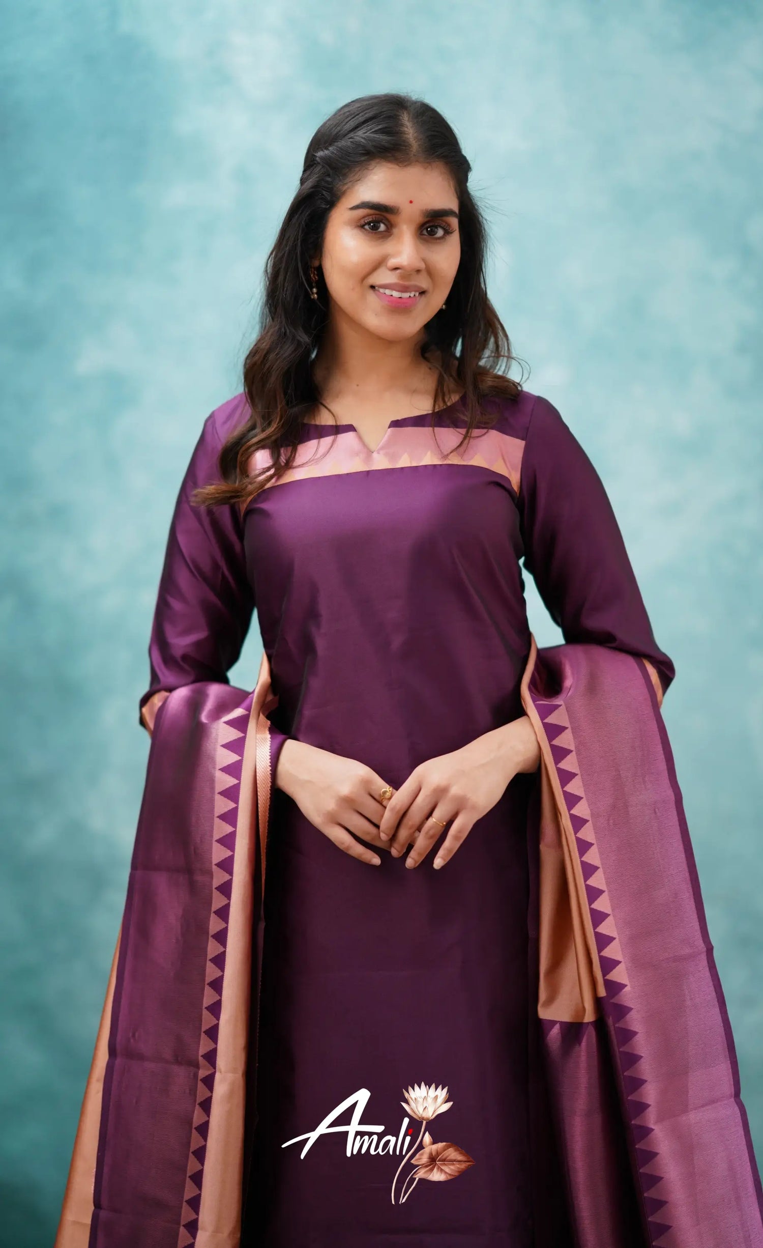 Aditi - Purplish Magenta And Copper Semi Kanchipuram Silk Salwar Salwar