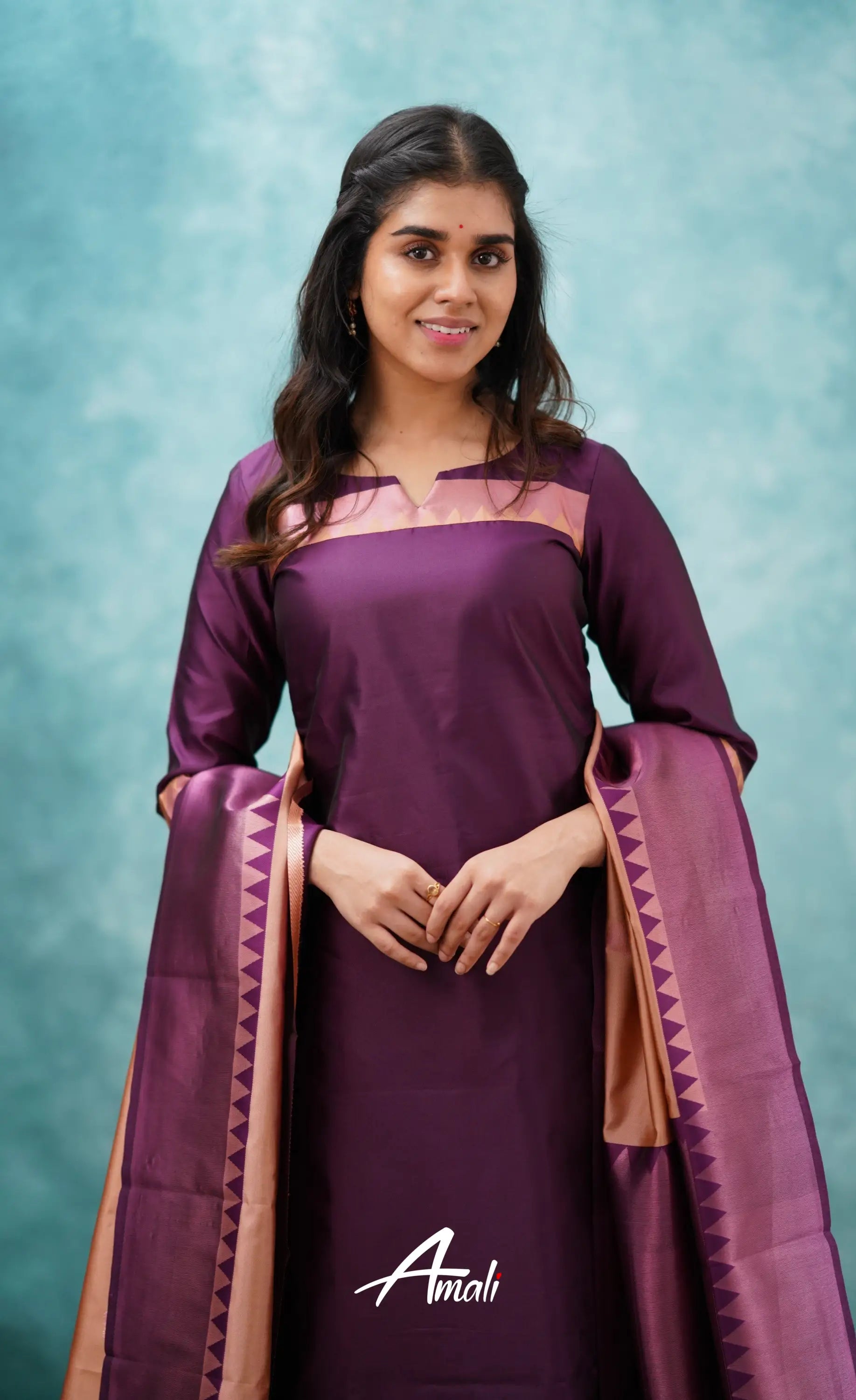 Aditi - Purplish Magenta And Copper Semi Kanchipuram Silk Salwar Salwar