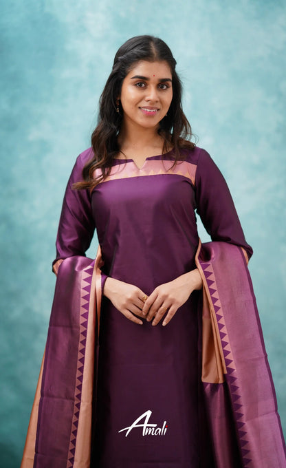 Aditi - Purplish Magenta And Copper Semi Kanchipuram Silk Salwar Salwar