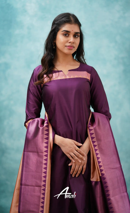 Aditi - Purplish Magenta And Copper Semi Kanchipuram Silk Salwar Salwar