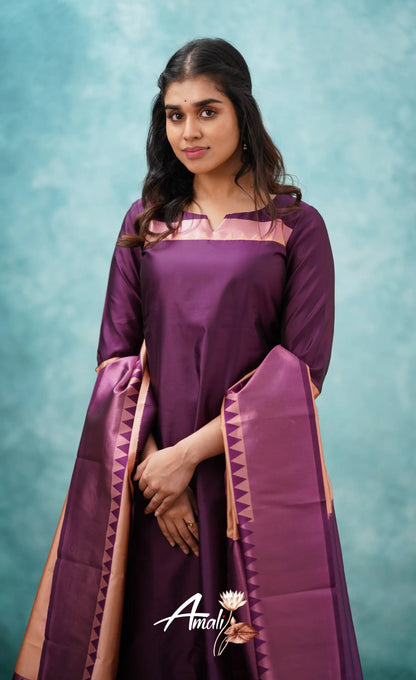 Aditi - Purplish Magenta And Copper Semi Kanchipuram Silk Salwar Salwar