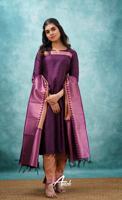 Aditi - Purplish Magenta And Copper Semi Kanchipuram Silk Salwar Salwar