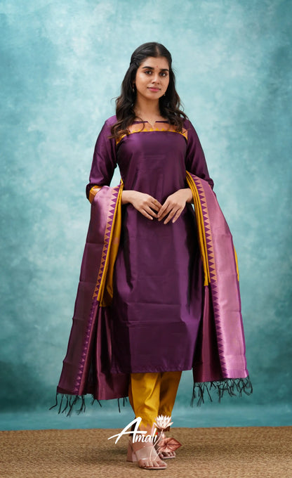 Aditi - Purplish Magenta And Yellow Semi Kanchipuram Silk Salwar Salwar