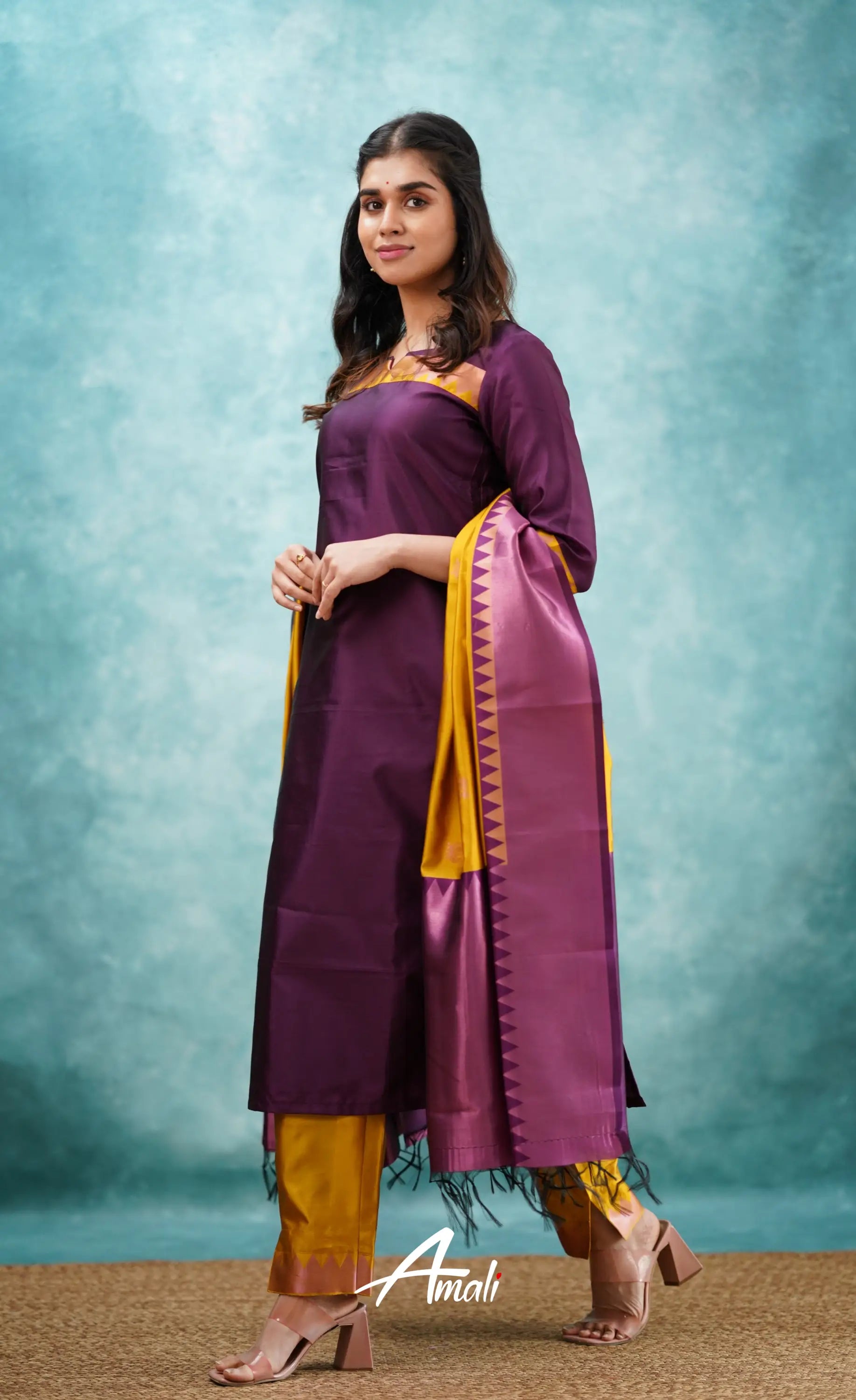 Aditi - Purplish Magenta And Yellow Semi Kanchipuram Silk Salwar Salwar