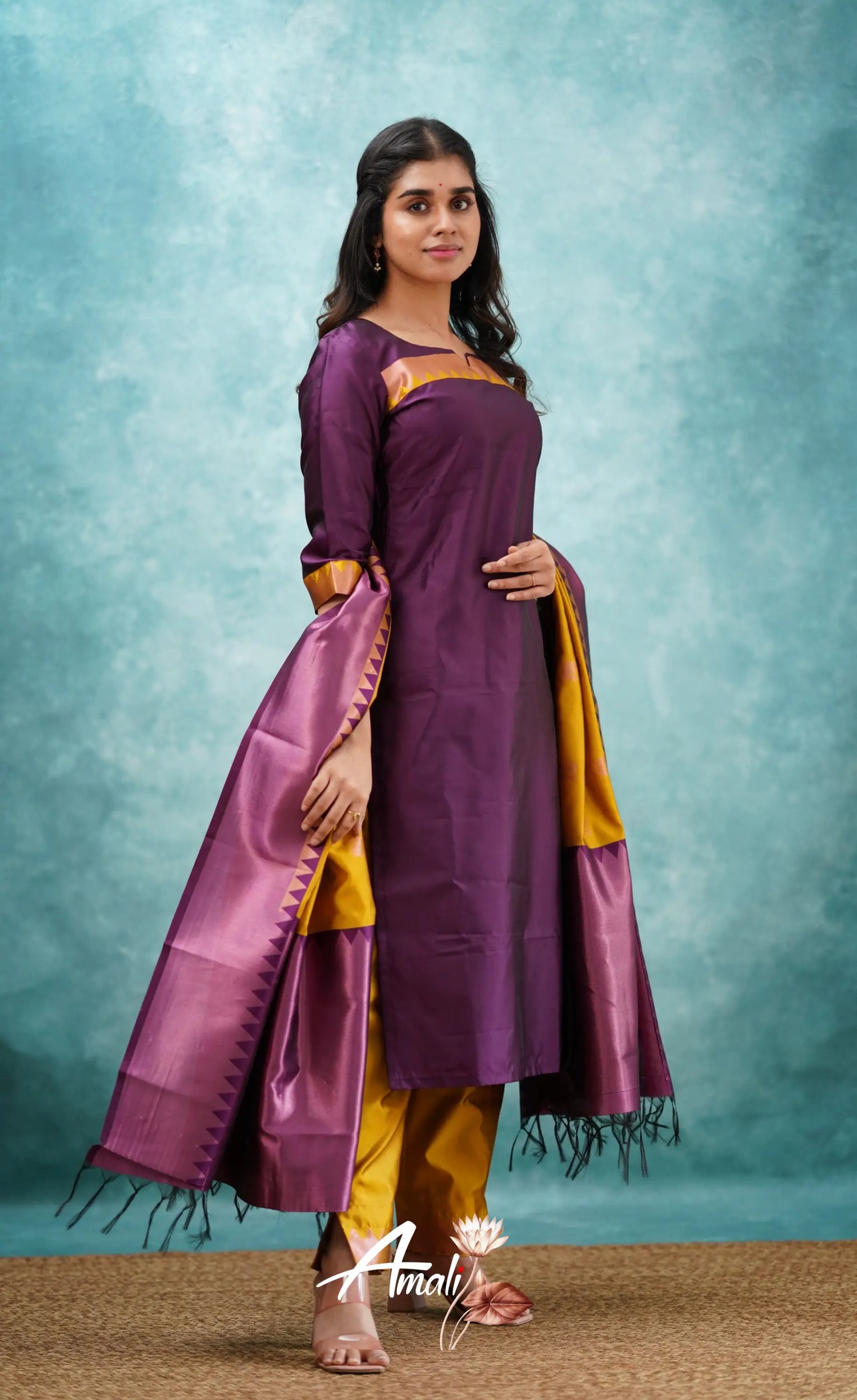 Aditi - Purplish Magenta And Yellow Semi Kanchipuram Silk Salwar Salwar