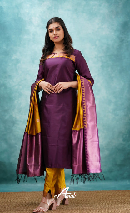 Sanvi - Purplish Magenta And Yellow Semi Kanchipuram Silk Salwar Salwar