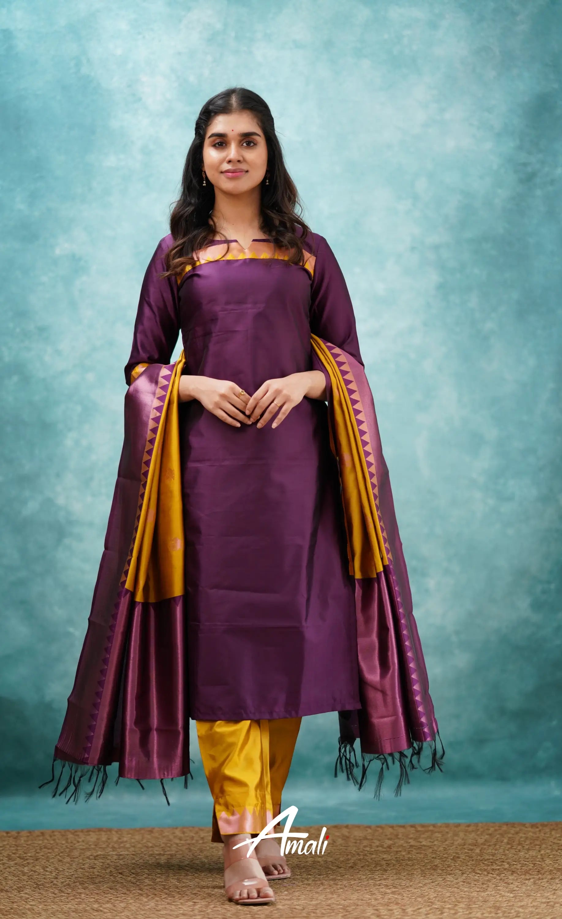 Aditi - Purplish Magenta And Yellow Semi Kanchipuram Silk Salwar Salwar