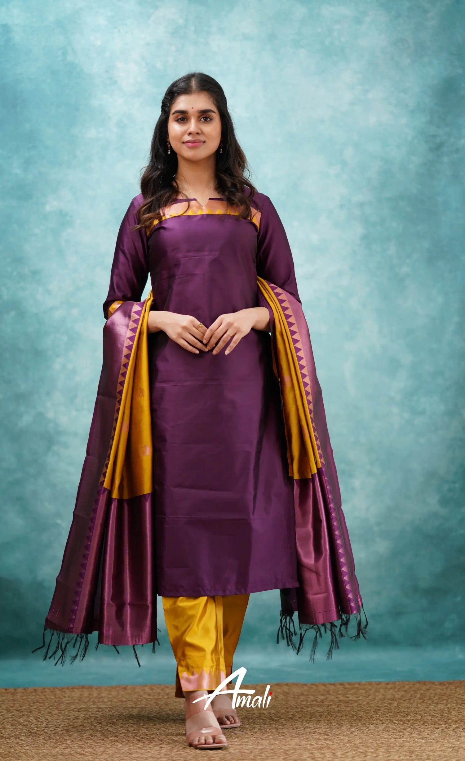 Sanvi - Purplish Magenta And Yellow Semi Kanchipuram Silk Salwar Salwar