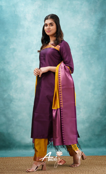 Aditi - Purplish Magenta And Yellow Semi Kanchipuram Silk Salwar Salwar