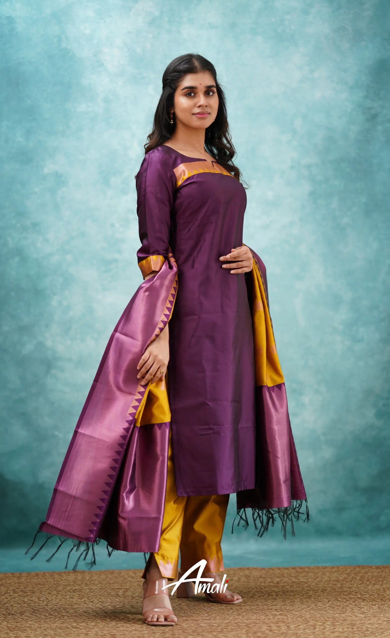 Aditi - Purplish Magenta And Yellow Semi Kanchipuram Silk Salwar Salwar