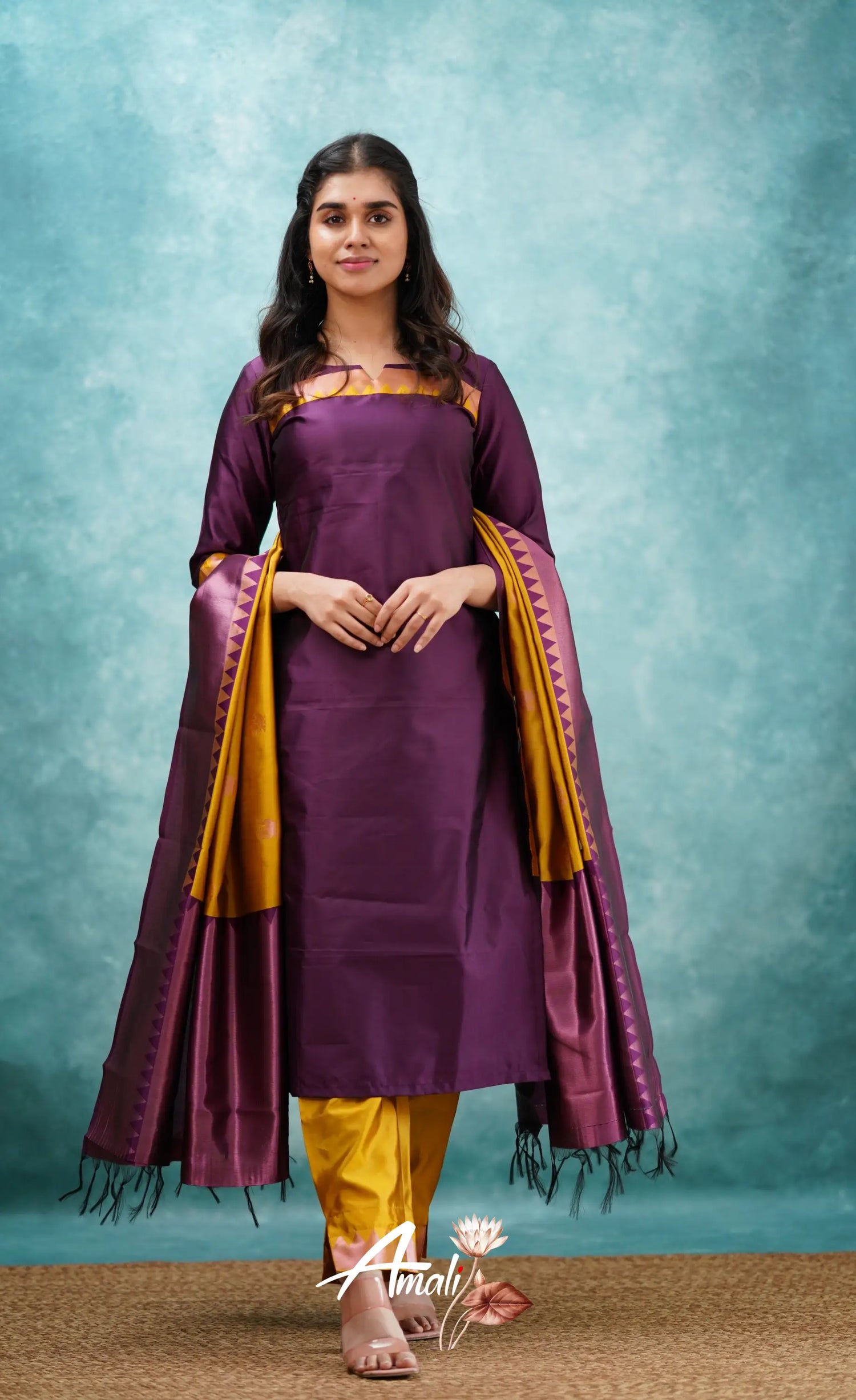 Aditi - Purplish Magenta And Yellow Semi Kanchipuram Silk Salwar Salwar