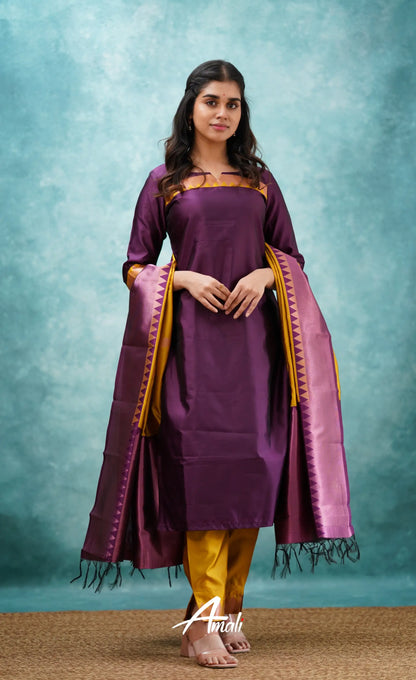 Aditi - Purplish Magenta And Yellow Semi Kanchipuram Silk Salwar Salwar