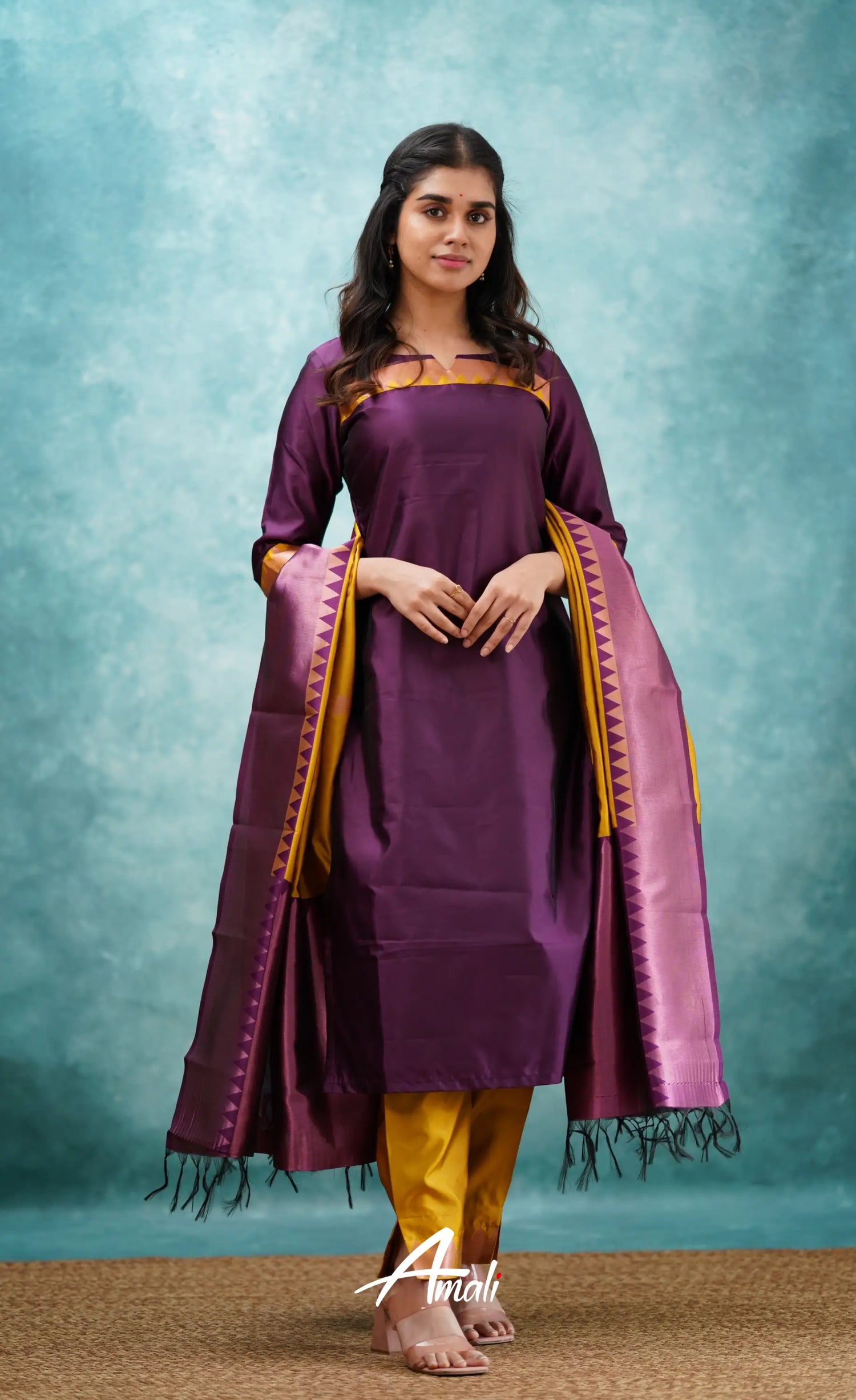 Sanvi - Purplish Magenta And Yellow Semi Kanchipuram Silk Salwar Salwar