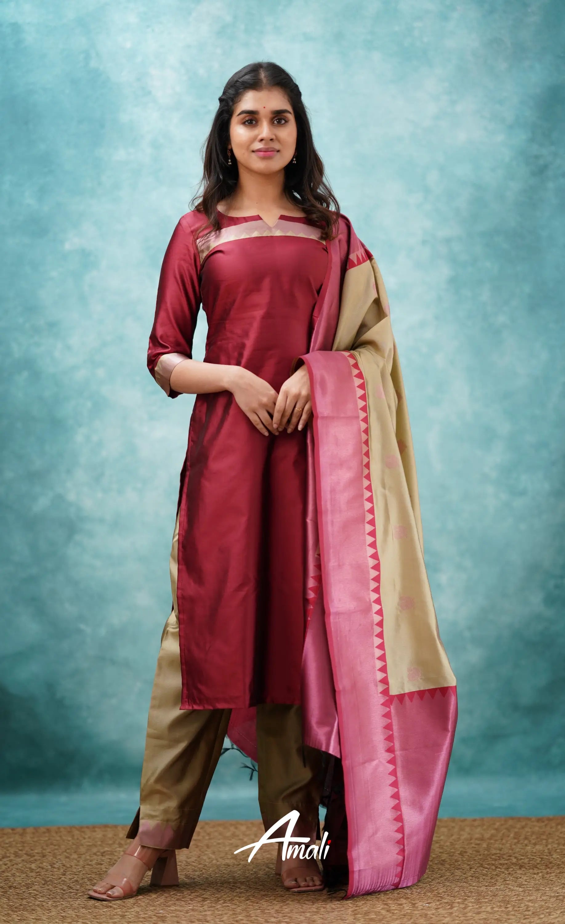 Aditi - Reddish Maroon And Beige Semi Kanchipuram Silk Salwar Salwar