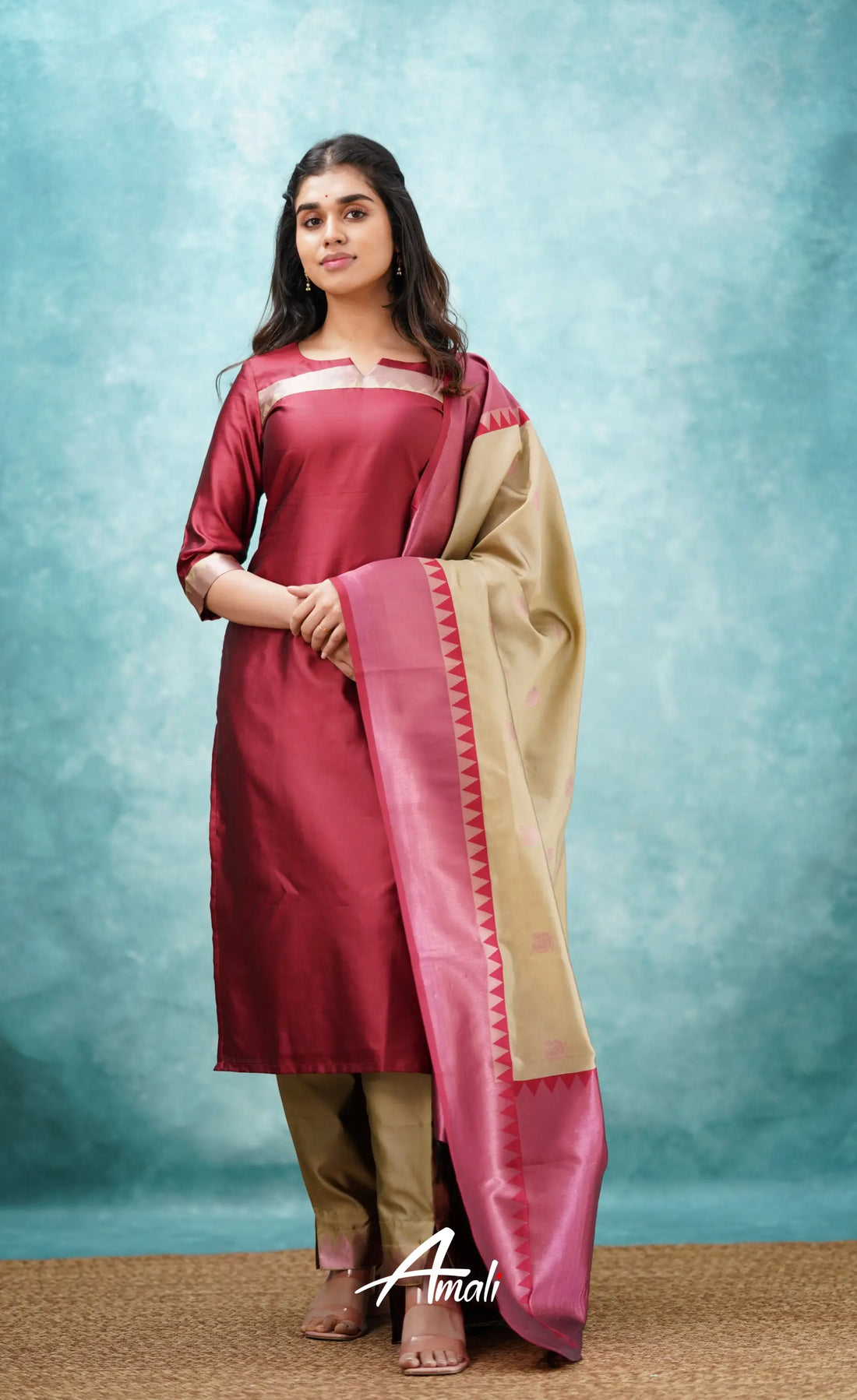 Sanvi - Reddish Maroon And Beige Semi Kanchipuram Silk Salwar Salwar