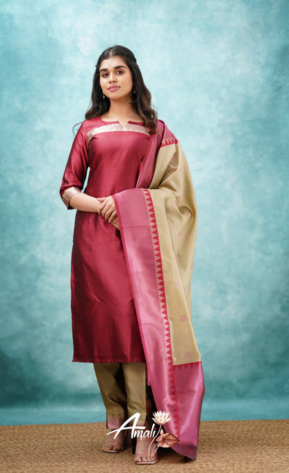 Aditi - Reddish Maroon And Beige Semi Kanchipuram Silk Salwar Salwar