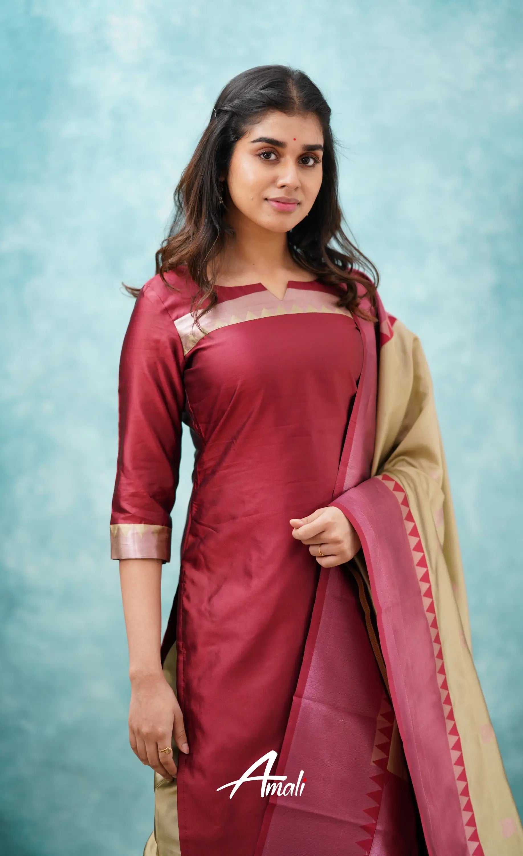 Aditi - Reddish Maroon And Beige Semi Kanchipuram Silk Salwar Salwar