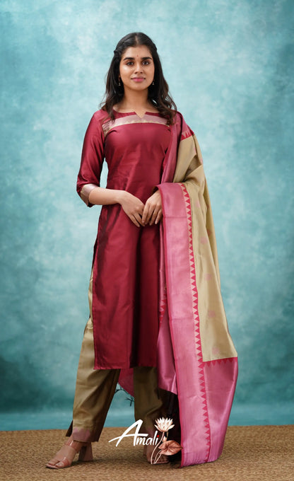 Aditi - Reddish Maroon And Beige Semi Kanchipuram Silk Salwar Salwar