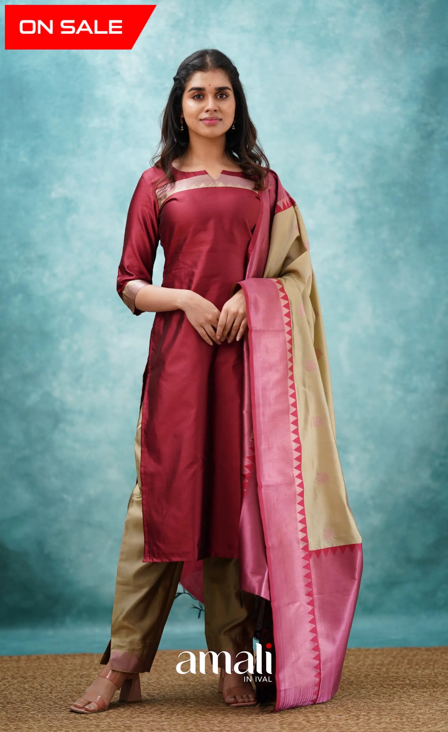 Aditi - Reddish Maroon And Beige Semi Kanchipuram Silk Salwar Salwar