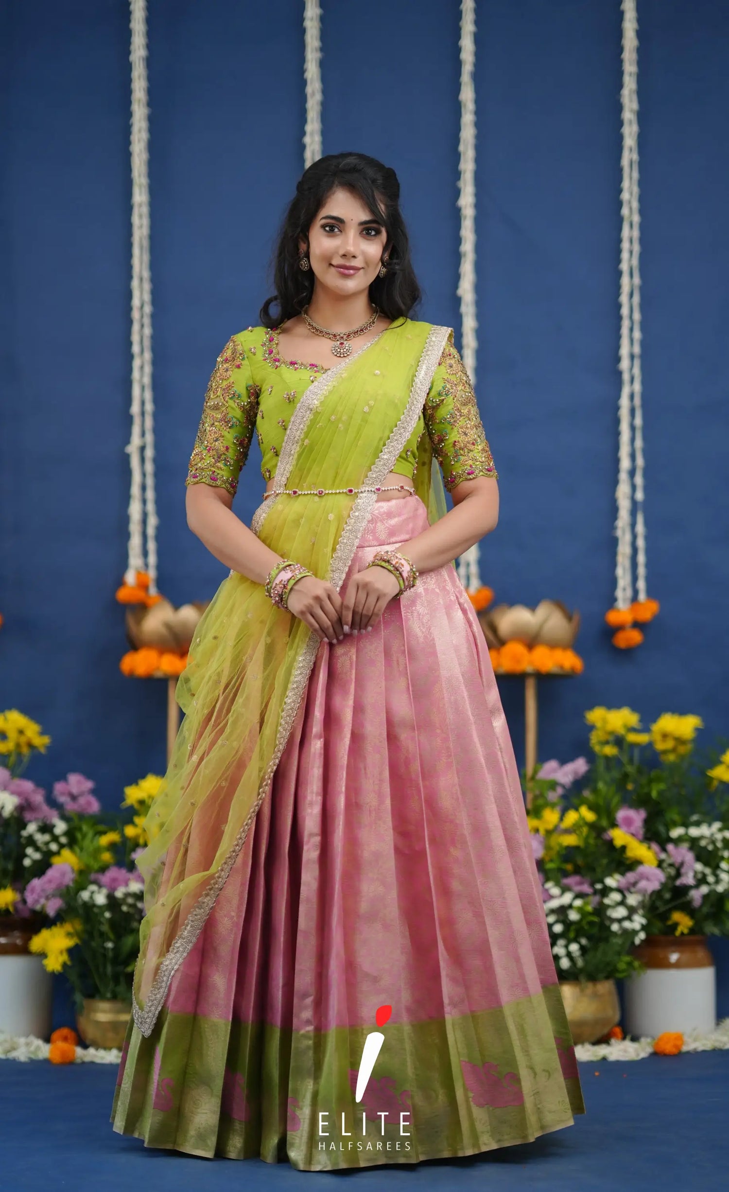 Amethyst Aari Handworked Bridal Lehenga - Baby pink and Lime green Half Sarees