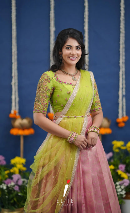 Amethyst Aari Handworked Bridal Lehenga - Baby pink and Lime green Half Sarees