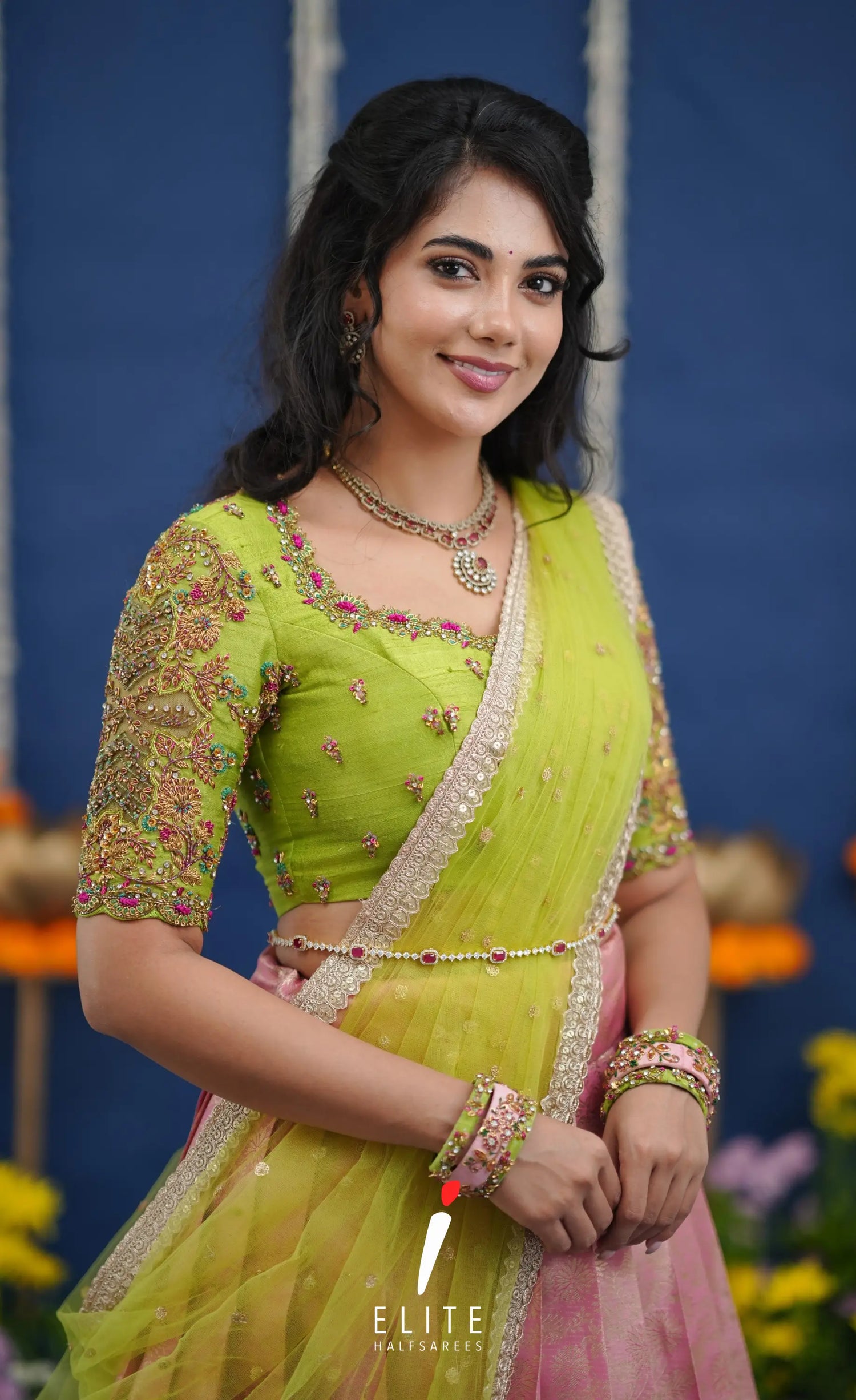 Amethyst Aari Handworked Bridal Lehenga - Baby pink and Lime green Half Sarees