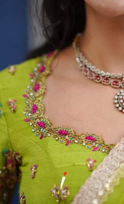 Amethyst Aari Handworked Bridal Lehenga - Baby pink and Lime green Half Sarees