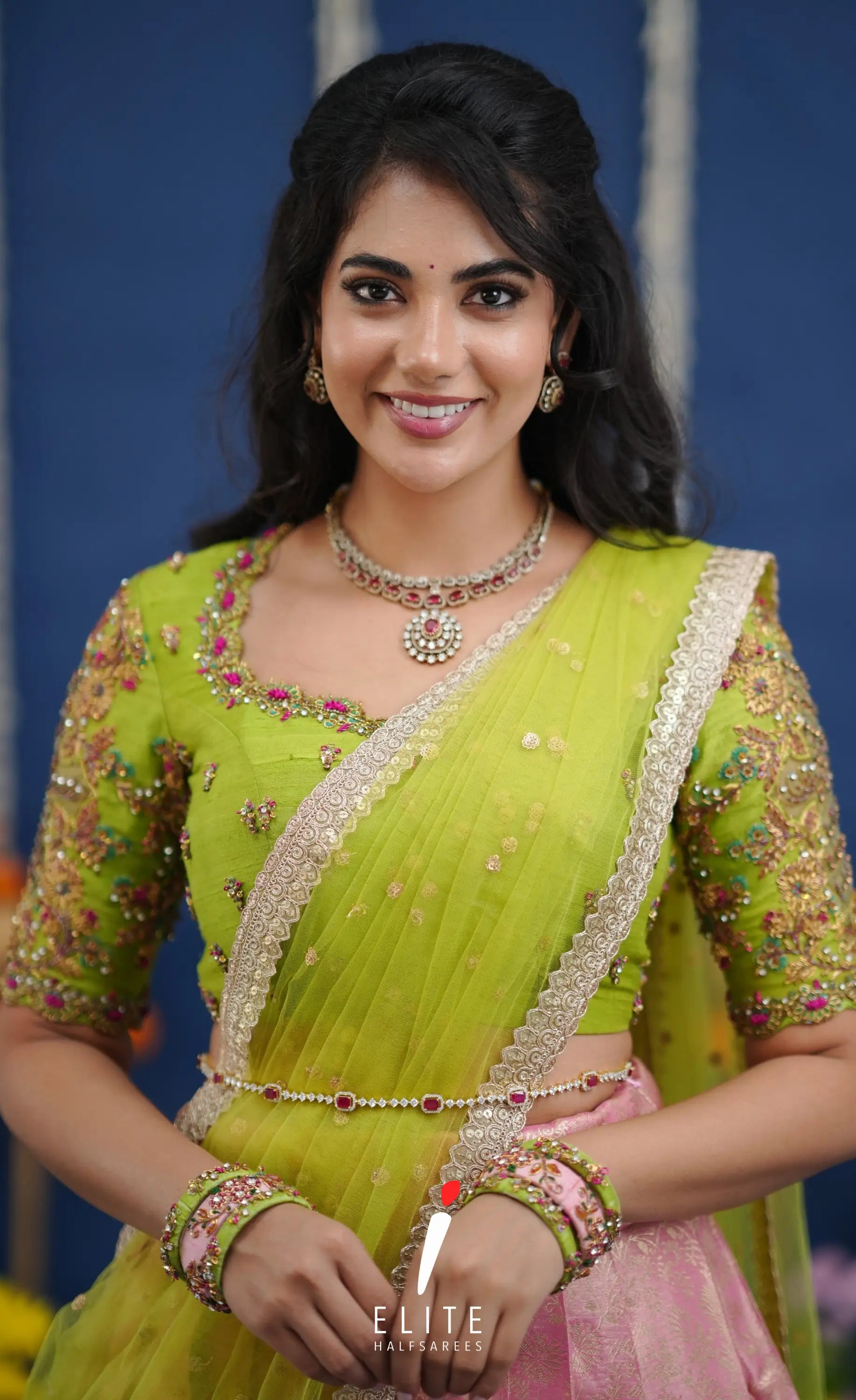 Amethyst Aari Handworked Bridal Lehenga - Baby pink and Lime green Half Sarees