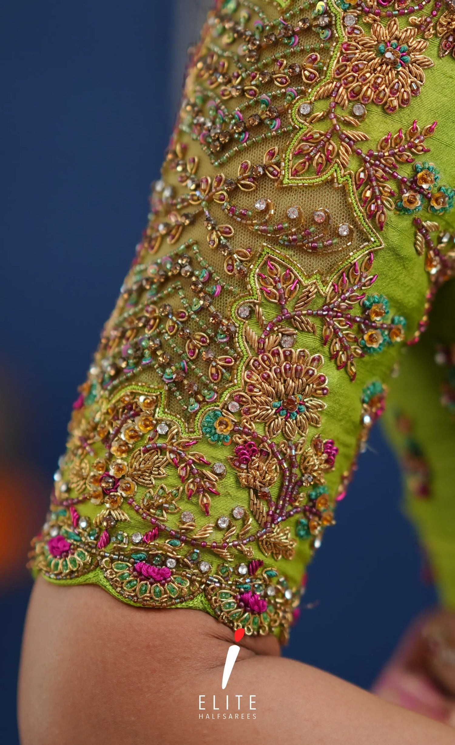 Amethyst Aari Handworked Bridal Lehenga - Baby pink and Lime green Half Sarees