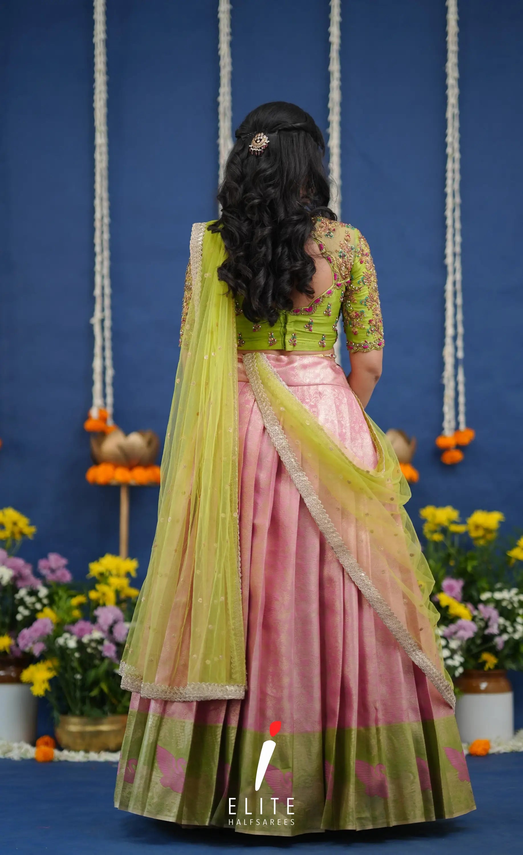 Amethyst Aari Handworked Bridal Lehenga - Baby pink and Lime green Half Sarees