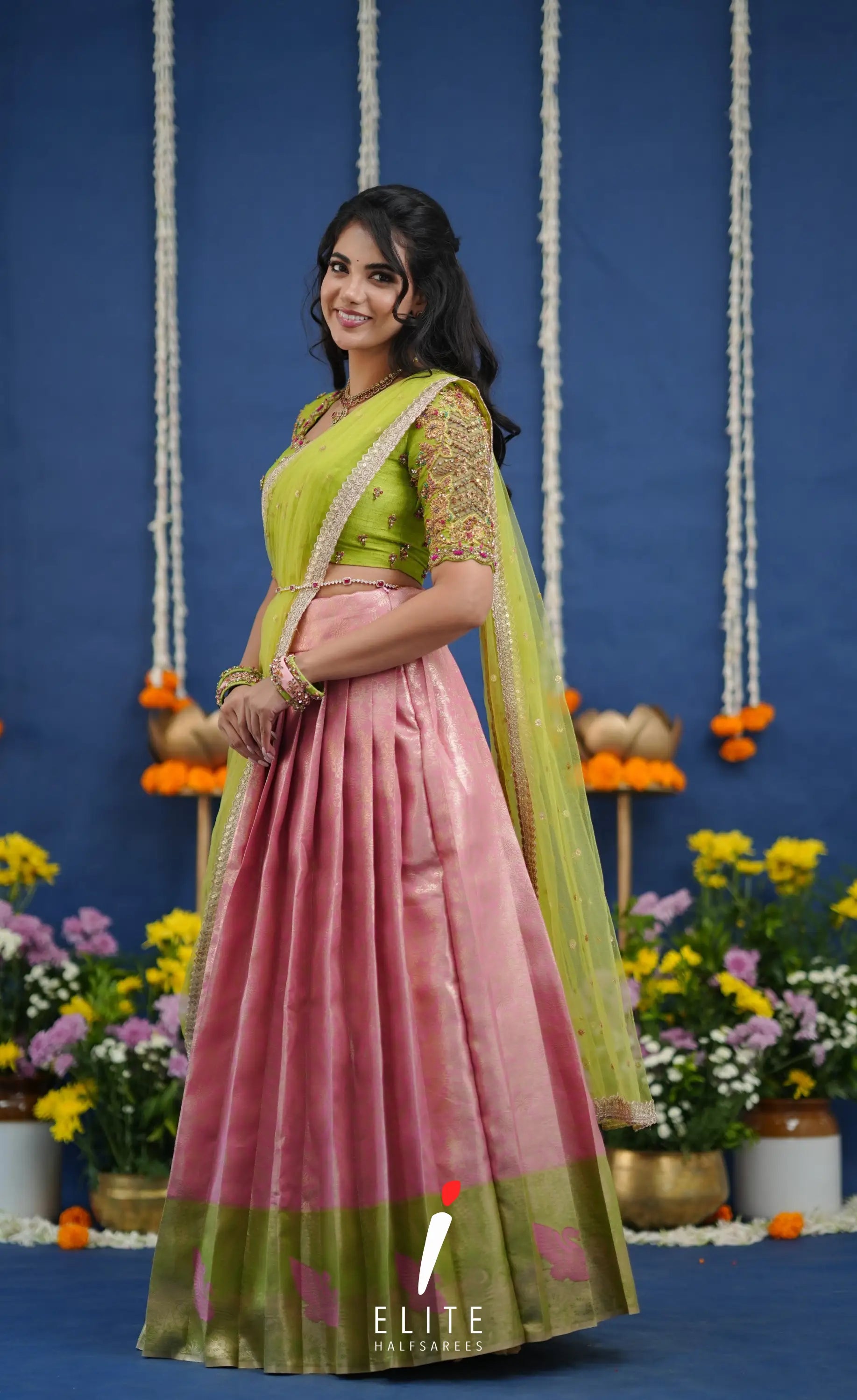 Amethyst Aari Handworked Bridal Lehenga - Baby pink and Lime green Half Sarees