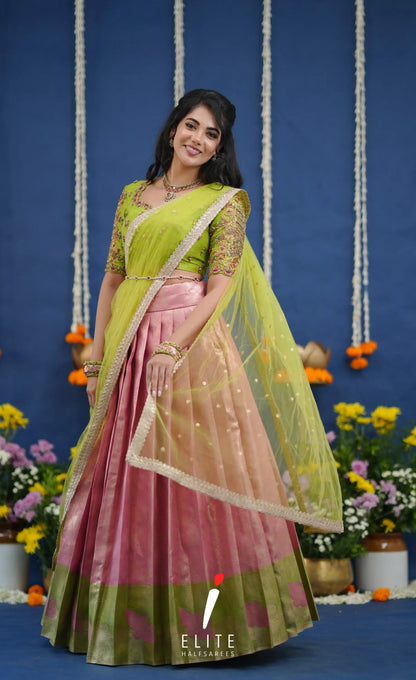 Amethyst Aari Handworked Bridal Lehenga - Baby pink and Lime green Half Sarees