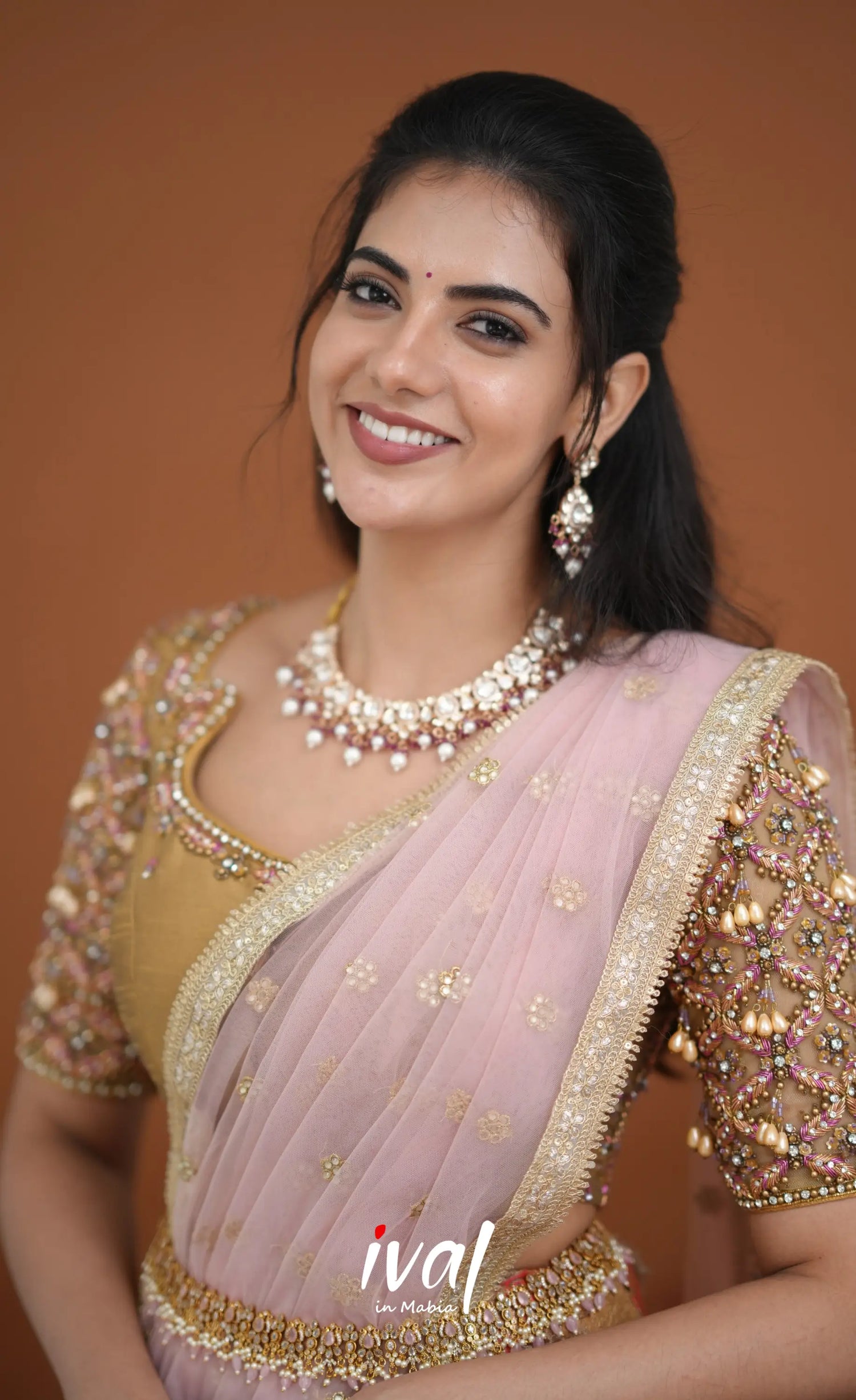 Amethyst Aari Handworked Bridal Lehenga - Beige and Light Pink Half Sarees