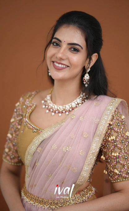 Amethyst Aari Handworked Bridal Lehenga - Beige and Light Pink Half Sarees