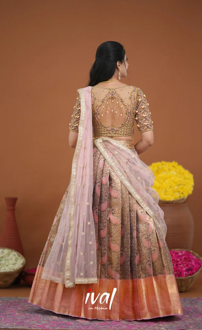Amethyst Aari Handworked Bridal Lehenga - Beige and Light Pink Half Sarees
