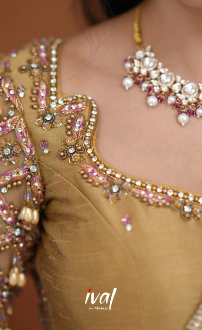 Amethyst Aari Handworked Bridal Lehenga - Beige and Light Pink Half Sarees