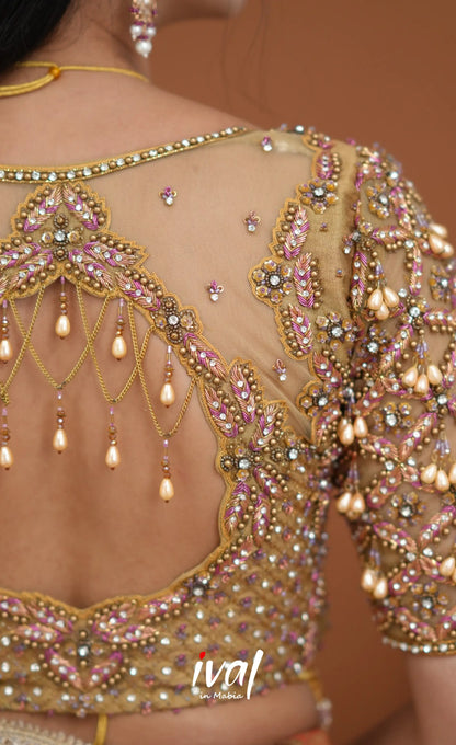 Amethyst Aari Handworked Bridal Lehenga - Beige and Light Pink Half Sarees