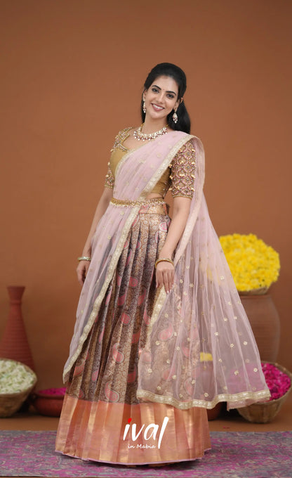 Amethyst Aari Handworked Bridal Lehenga - Beige and Light Pink Half Sarees